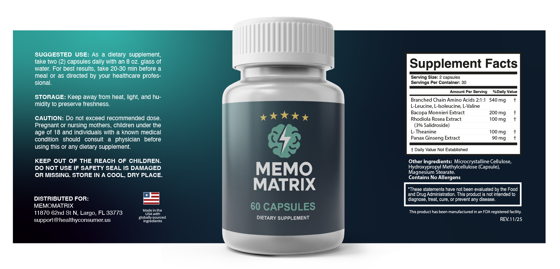 Memo Matrix supplement facts label with directions, ingredients and dosage information